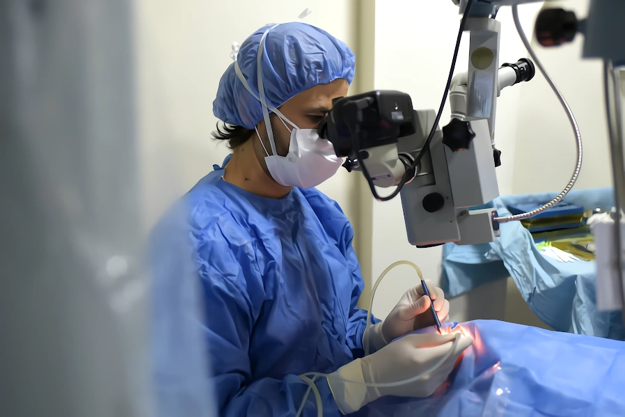 Médico en proceso de cirugía ocular