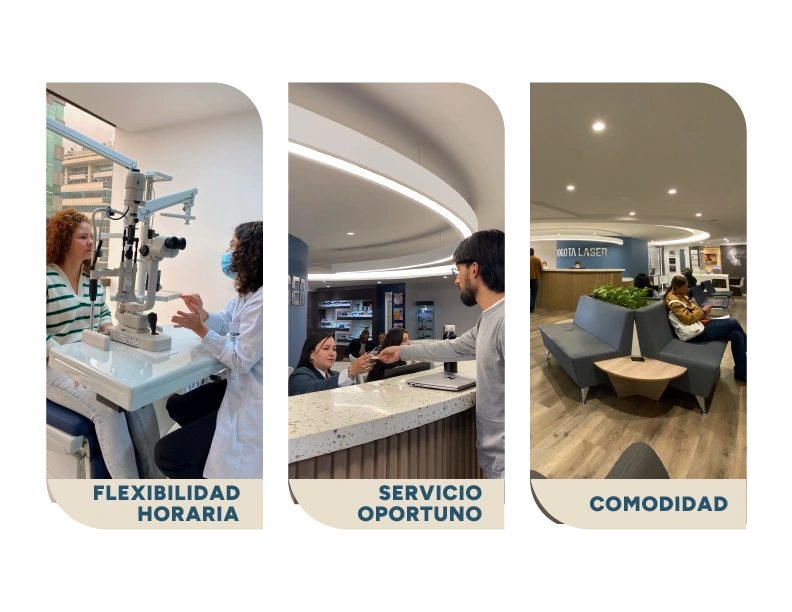 Tres fotos promocionales de servicios oftalmológicos: a la izquierda, un examen visual con la etiqueta 